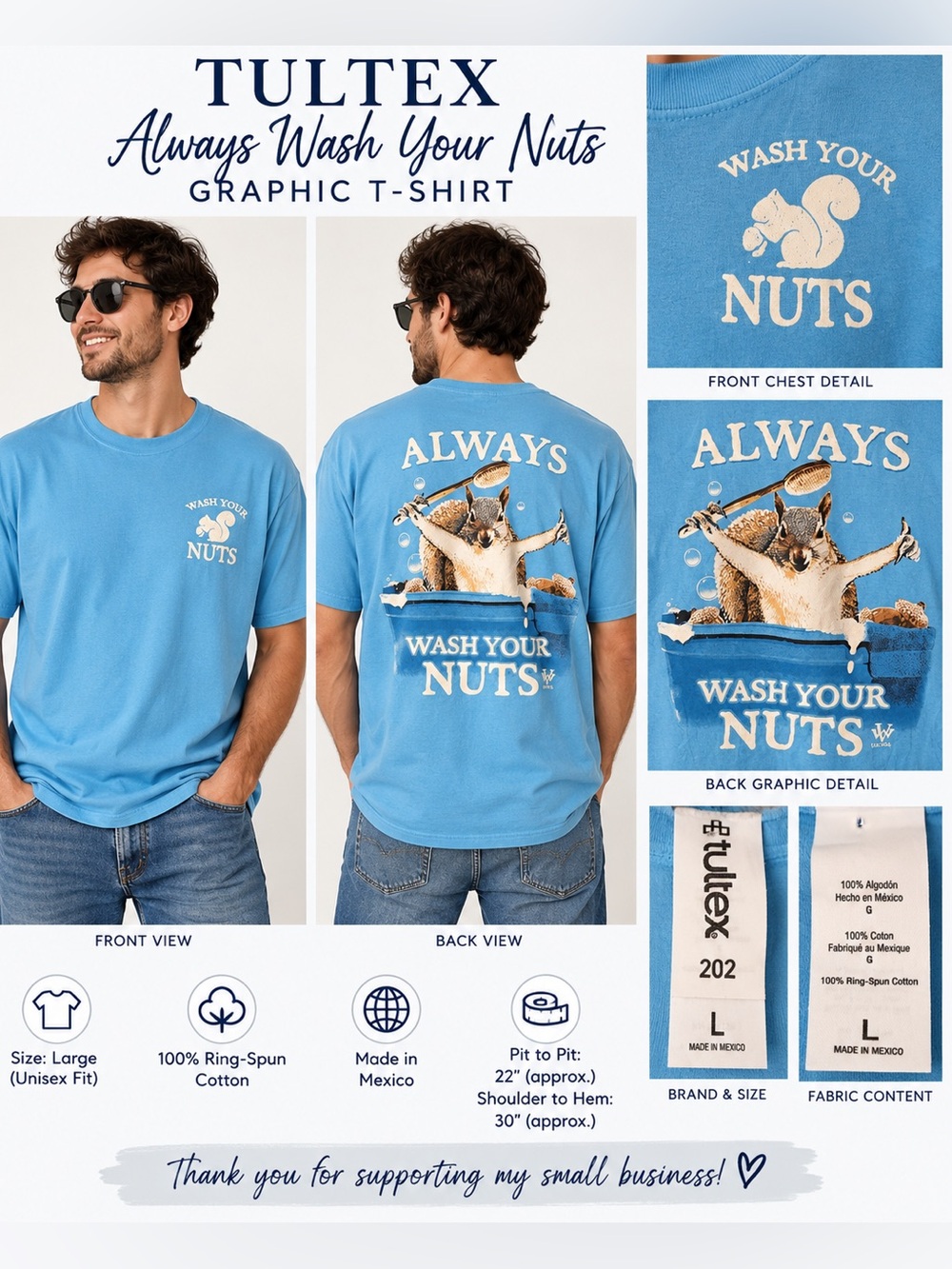 Tultex Always Wash Your Nuts Squirrel Graphic T Shirt Blue Large Funny Tee